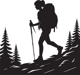 Fototapeta premium Woman hiker with backpack and walking poles walking uphill, surrounded by tall pine trees on a mountain trail.