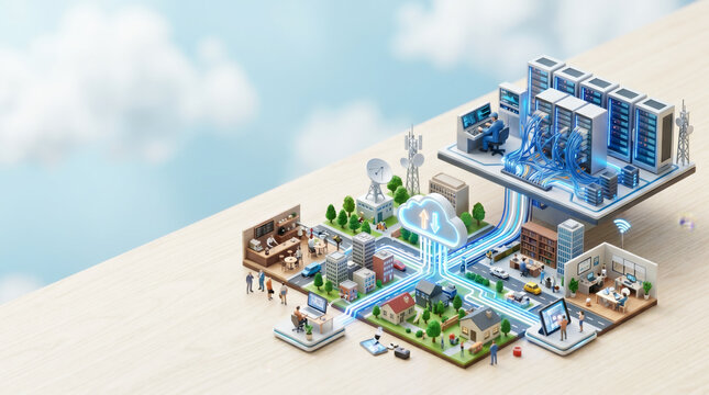 クラウドコンピューティングとデータセンターのネットワークを表現したスマートシティの3D CG