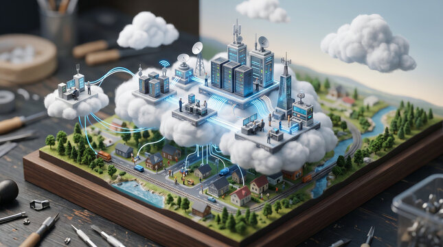 クラウドコンピューティングとデータセンターのネットワークを表現したスマートシティの3D CG