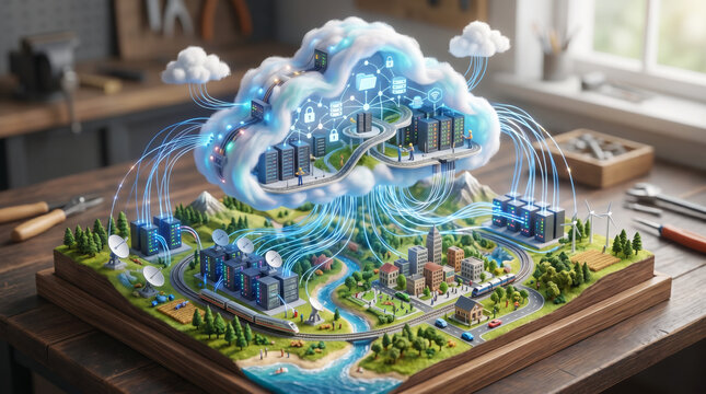 クラウドコンピューティングとデータセンターのネットワークを表現したスマートシティの3D CG