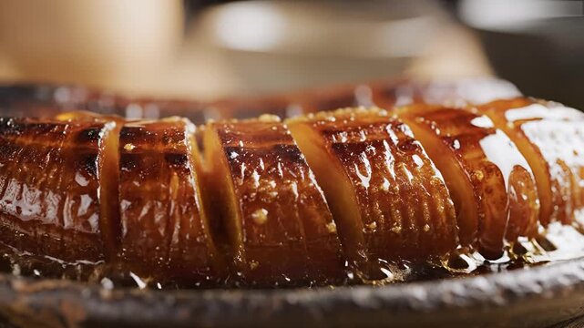Delicious Glazed Eggplant Being Drizzled with Sauce.