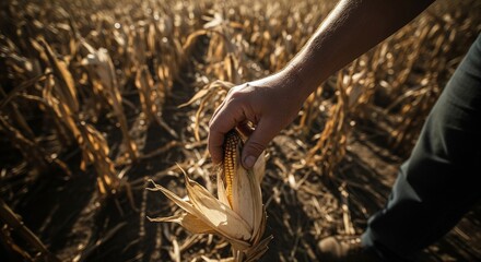 Fototapeta premium Farmer hand checking dry corn cob during autumn harvest in farm field