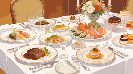 Fototapeta premium An elegant formal dining table set with a lavish spread of gourmet dishes, including steak, seafood, and desserts, adorned with a floral centerpiece.