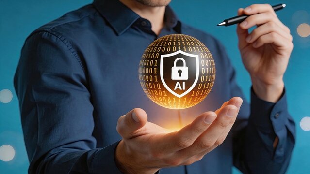 Artificial intelligence cyber security concept with businessman holding digital globe featuring lock shield icon, binary code background representing data protection, encryption,