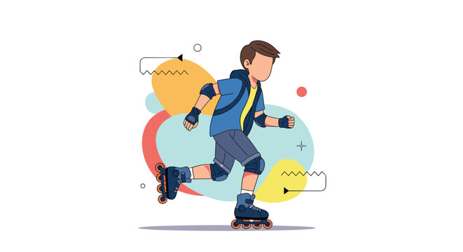 Young boy wearing safety gear and rollerblades while skating fast against a colorful background with abstract shapes.