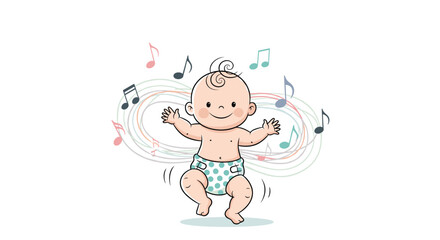 Fototapeta premium Happy baby in a polka dot diaper dancing with joy to the rhythm of music with floating colorful musical notes all around the child.