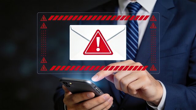 Critical security alert warning displayed on smartphone screen indicating phishing email threat or dangerous message requiring immediate attention to prevent cyber attack.