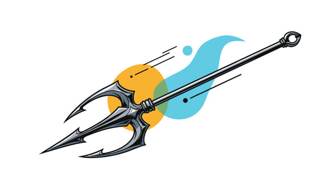 Mythical silver trident weapon flying through the air with abstract blue and orange circular shapes in the background.