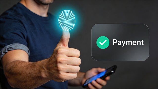 Close up of hand giving thumbs up with glowing fingerprint scan and payment confirmation button, representing biometric security, mobile banking, contactless transaction, and