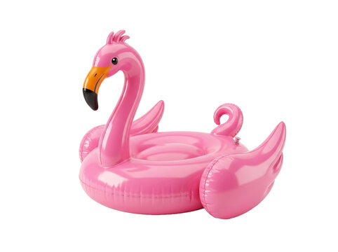A bright pink inflatable flamingo pool float on a white background