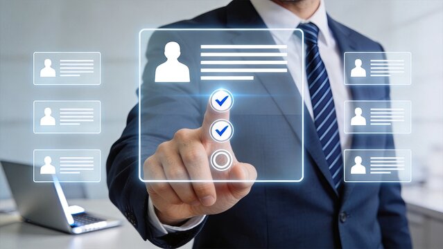Businessman touching virtual interface to select user profiles with checkboxes, depicting human resources management, employee selection, recruitment process, team building, and