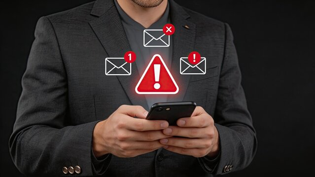 Man in suit using mobile phone with error message icons and alert symbol, failed communication or system crash concept, technical support issue resolution, digital connectivity
