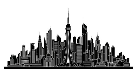 Obraz premium Black and white city skyline silhouette with modern skyscrapers
