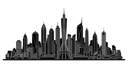 Obraz premium Modern City Skyline Silhouette with Iconic Skyscraper Central View