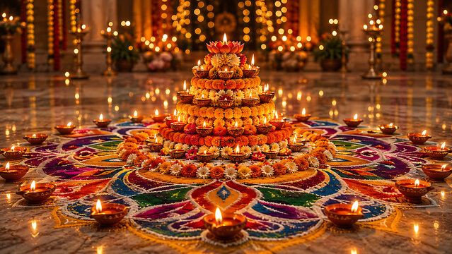 Beautiful diwali rangoli with glowing diyas and marigold flowers in festive temple setting warm lights traditional indian celebration