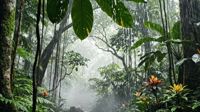 Tropical rainforest with lush green foliage.