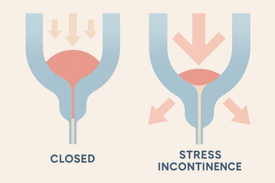 Informative medical illustration diagram detailing serious urethral sphincter mechanism in closed and distressing stress incontinence states for education