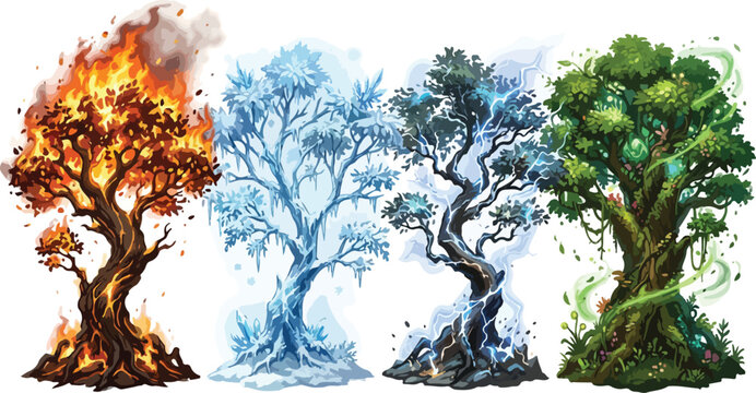Fantasy elemental magic trees collection, set of 4 nature spirit tree icons, fire ice earth and wind mystical tree vector illustrations