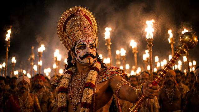 Indian mythological king holding mace in dramatic pose with fire torches background epic cultural character scene