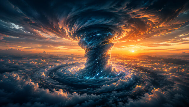 Massive cosmic vortex tornado in sky above clouds dramatic fantasy landscape with glowing energy swirl