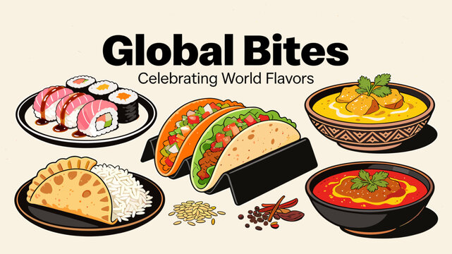 A vibrant illustration showcasing a diverse array of global cuisine, featuring sushi, tacos, curry, soup, and empanadas, celebrating world flavors.