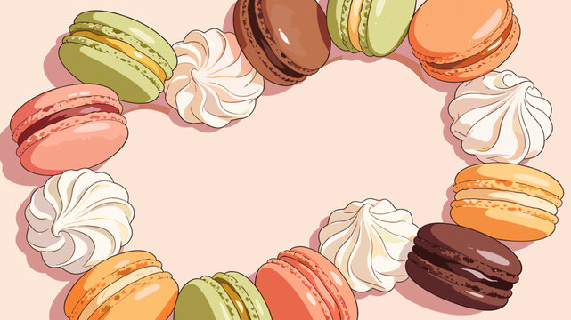 A delightful arrangement of colorful French macarons and delicate meringue cookies forming a circular border on a soft pink background.