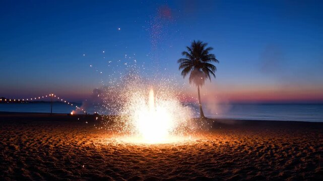 Ground fireworks exploding on a tropical beach at dusk with a palm tree and ocean in the background