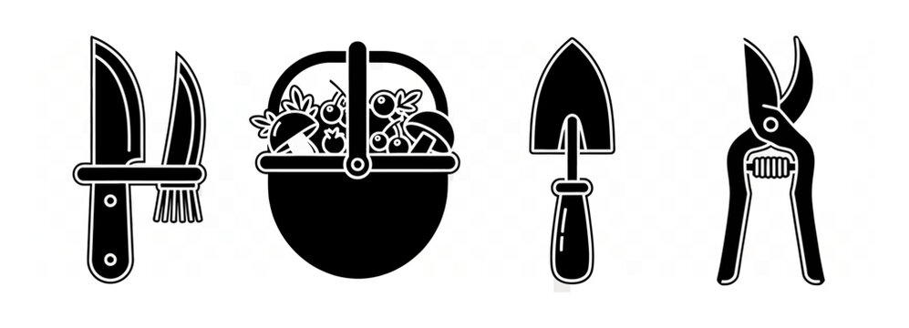 Collection of garden tools including knives, a basket of produce, a trowel, and pruning shears, presented in a black and white illustration style for gardening and horticultural use