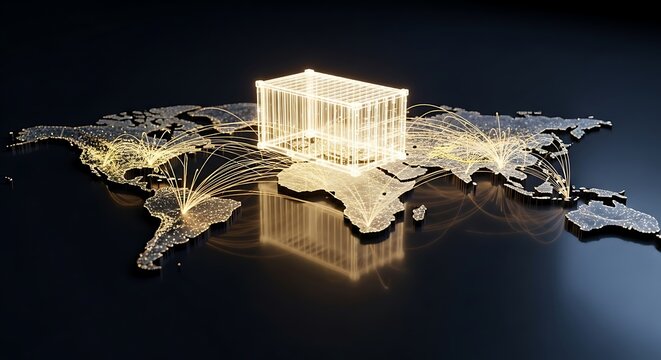 Global business concept with a glowing architectural structure on a world map representing international trade and connectivity, high resolution image