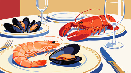 A beautifully set table with a delicious seafood feast, including a whole lobster, succulent shrimp, and fresh mussels, ready to be enjoyed. © Liakum