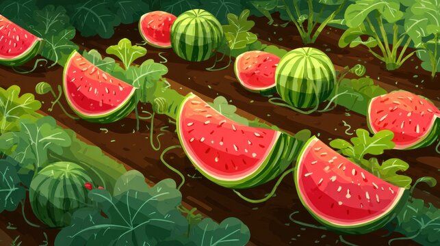 Ripe watermelons grow abundantly in neat rows on dark soil surrounded by lush green foliage.