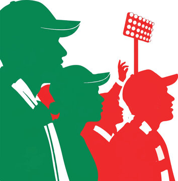 Side profile silhouettes of a diverse group of fans wearing caps and scarves, looking towards a stadium light, using only solid blocks of emerald green and bright red. minimalist flat vector