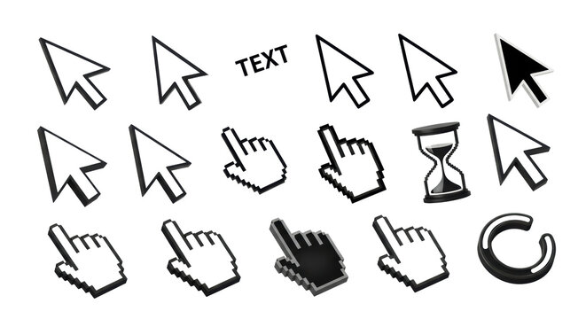 A diverse collection of black monochromatic computer mouse cursor icons (vector, pixel art, 3d render) isolated on a transparent background with ample copy space. Web design and navigation concept