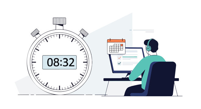 Effective time management concept with office worker at desk, productivity stopwatch and calendar icons, professional workflow and deadline management vector