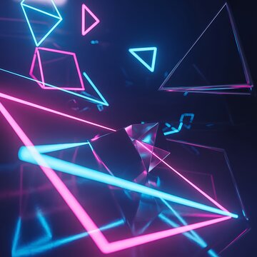 Abstract 3D render of geometric shapes like triangles and cubes with neon pink and blue glowing outlines and reflections on a dark mirrored surface