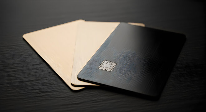 Luxury metal credit cards, golden and black color, with chip, representing finance and wealth.