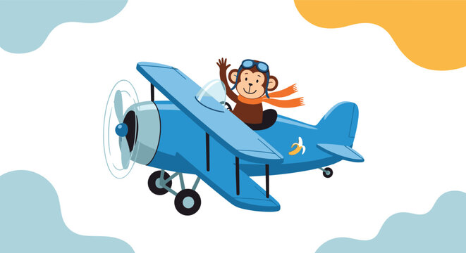 Playful brown monkey pilot wearing goggles and a scarf while flying a blue vintage biplane through a sky with abstract clouds.