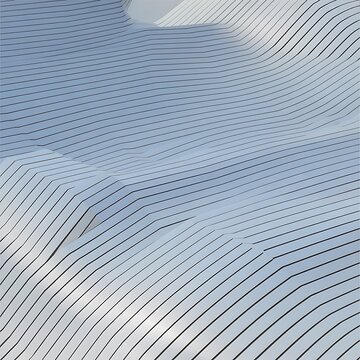 Abstract undulating surface composed of smooth flowing waves and curves rendered with thin black parallel lines creating a sense of depth and motion against a light blue and white background