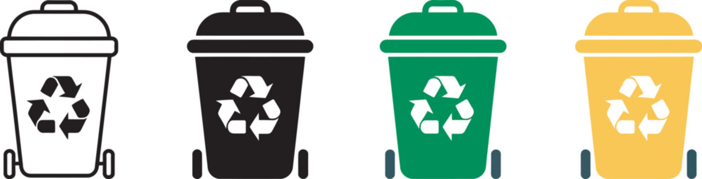 Recycle Bin with Wheel Icons for Waste Management, Garbage Sorting, Environmental Sustainability, Recycling Container Vector Designs