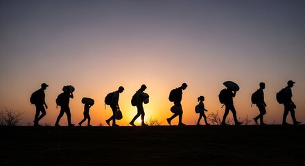 Fototapeta premium Silhouette of migrants walking at sunset, carrying belongings, representing journey and hope.