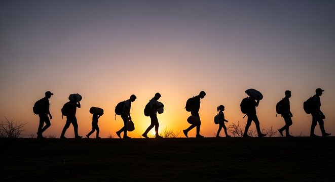 Silhouette of migrants walking at sunset, carrying belongings, representing journey and hope.