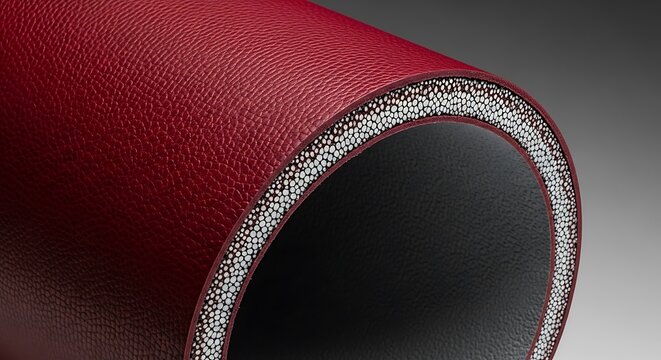 Industrial rubber hose cross section showing reinforced layers in a studio setting with a dark minimalist aesthetic high resolution image
