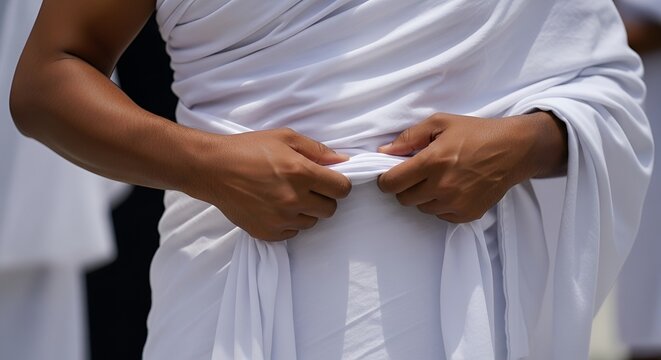 Person wearing white ihram clothing, preparing for Hajj or Umrah pilgrimage