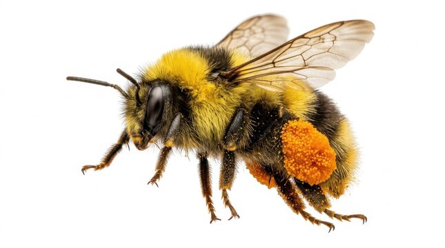 Macro Shot of a Bumblebee with Vibrant Pollen Baskets on Its Hind Legs, Flying or Hovering Against a Clean White Background, Emphasizing Pollination and Nature
