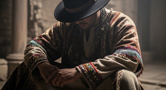 Man in traditional Andean poncho and hat, contemplative pose, cultural heritage, South America
