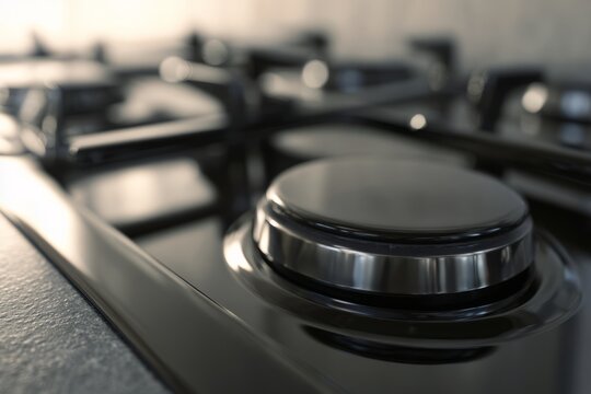 kitchen cleaning. Close-up view of a modern gas stove burner with a sleek black surface and shiny metallic knobs in a contemporary kitchen setting
