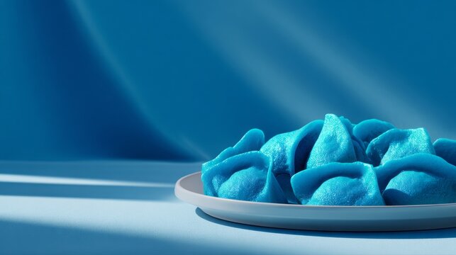 Golden Gates blue dumplings. Blue dumplings arranged on a white plate against a soft blue background with gentle shadows and highlights. high CTR FMCG ad. high-end gourmet product