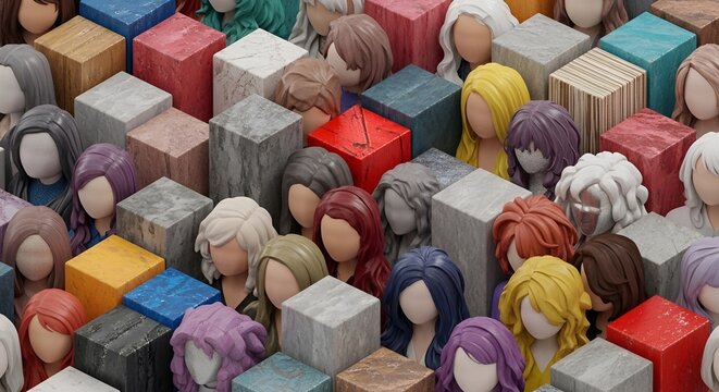 Diverse Group of Faceless Figures with Varied Hair Colors and Textures Amidst Cubes