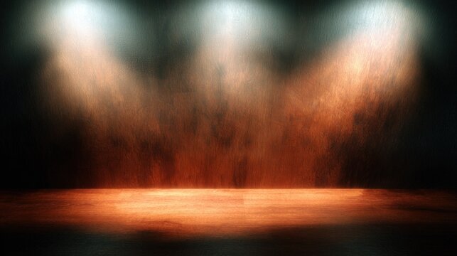 Intense illumination beams strike a textured, warm-toned performance space background
