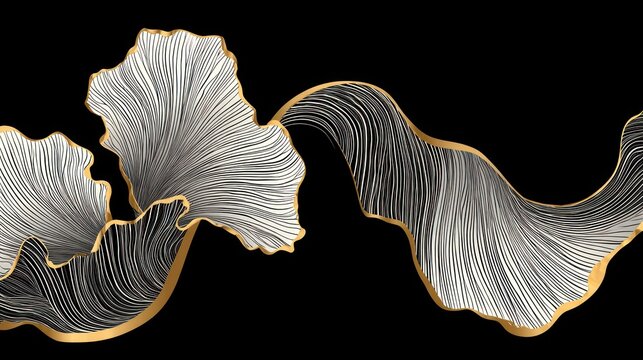 Elegant flowing abstract design features organic shapes detailed with fine parallel lines outlined in metallic gold against a solid black background.
